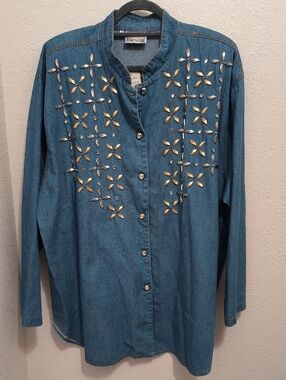 NWT Catherine's Monique. Blue Denim Shirt with Bold Gold & Silver Rhinestones 3X